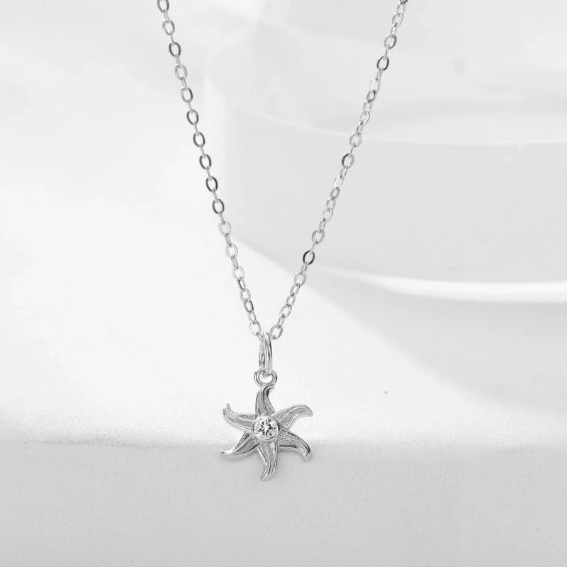 S925 Sterling Silver Starfish Jewelry Set - Earrings and Clavicle Necklace