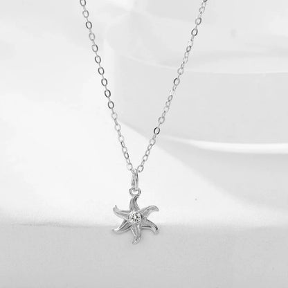S925 Sterling Silver Starfish Jewelry Set - Earrings and Clavicle Necklace