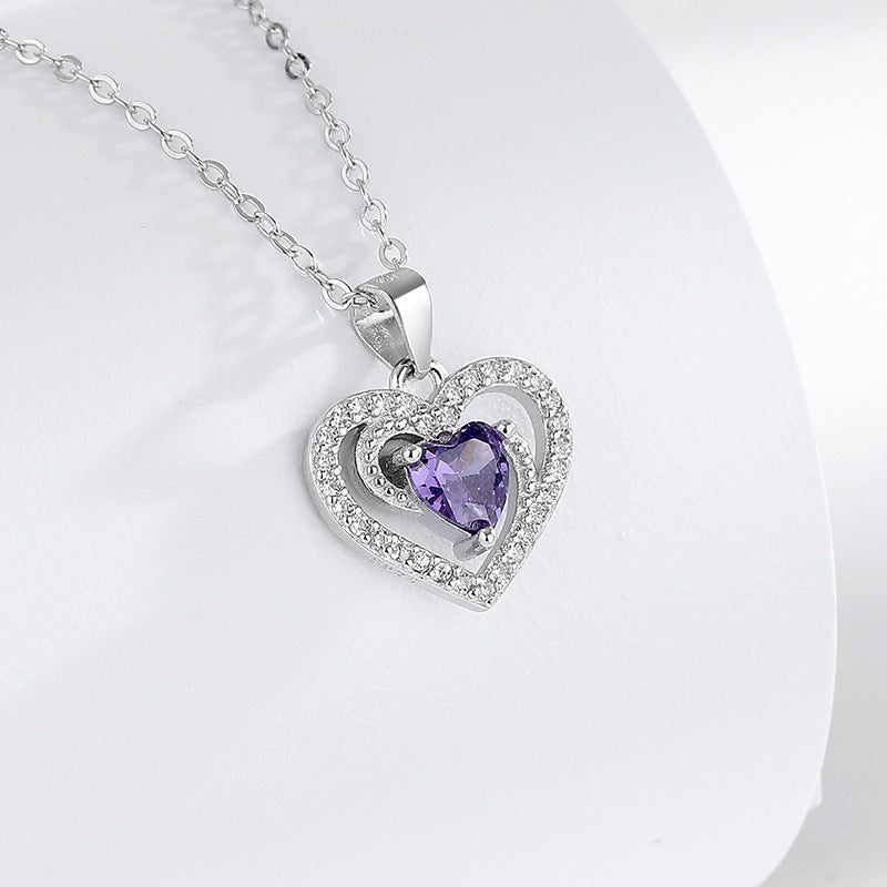 925 Sterling Silver Purple Heart Necklace with Halo Design