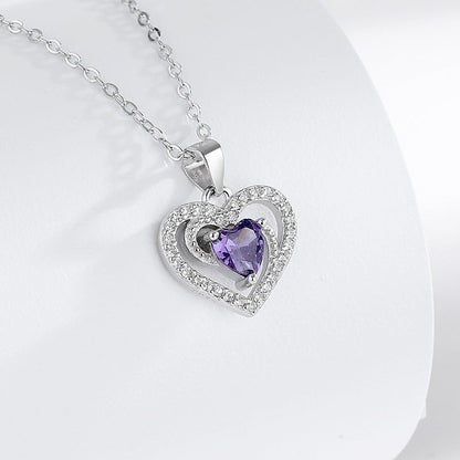 S925 Purple Heart Pendant Silver Necklace with Diamond