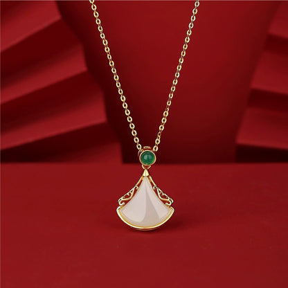 Fan-Shaped White Jade & Green Agate Pendant Necklace | 18K Gold Plated