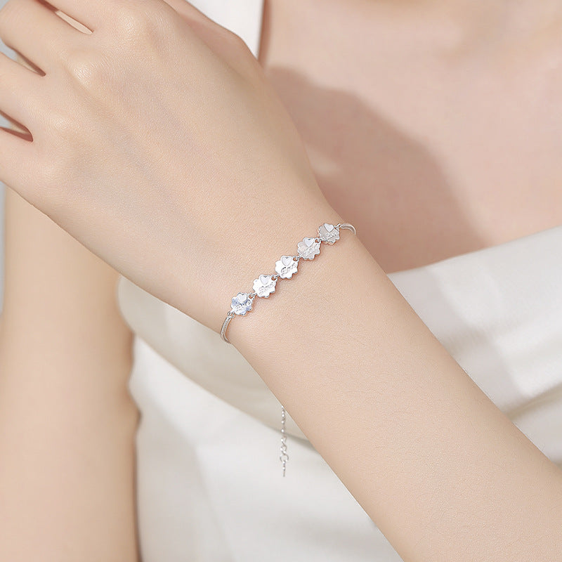 Adjustable 925 Sterling Silver Snake Chain Flower Bracelet