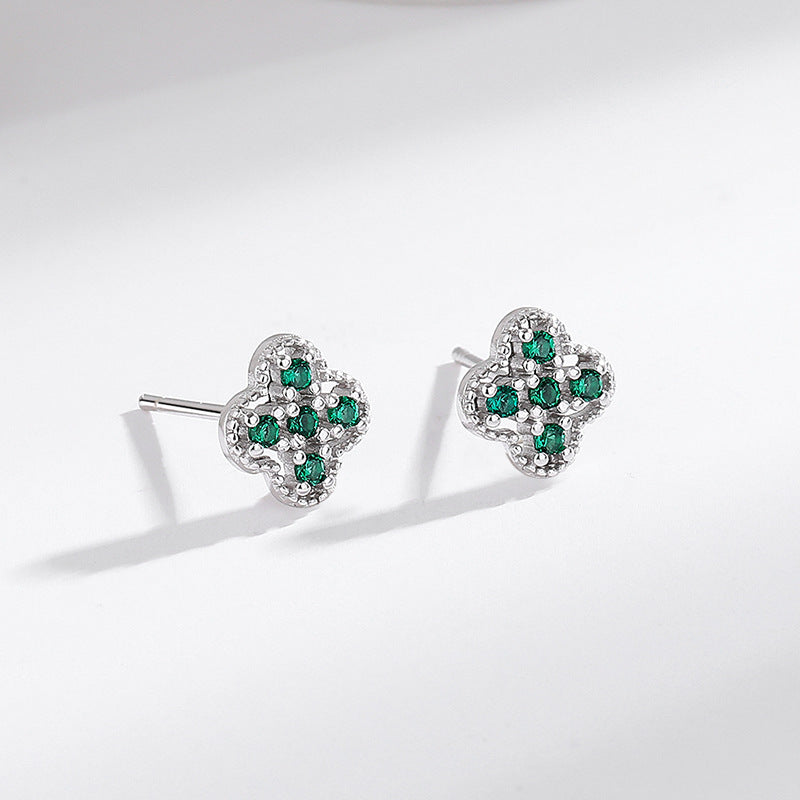 s925 Sterling Silver Four-Leaf Clover Earrings with Colored Diamonds