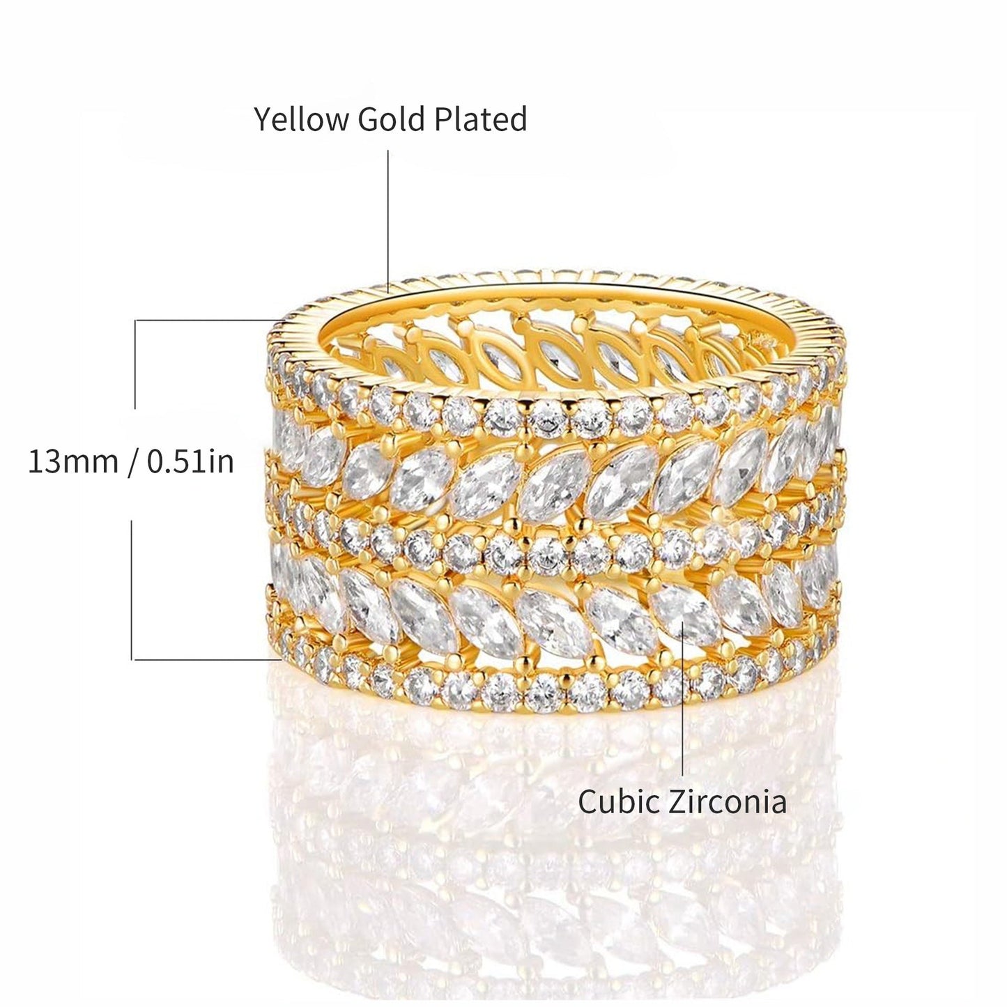 Wide-faceted marquise-shaped cubic zirconia ring