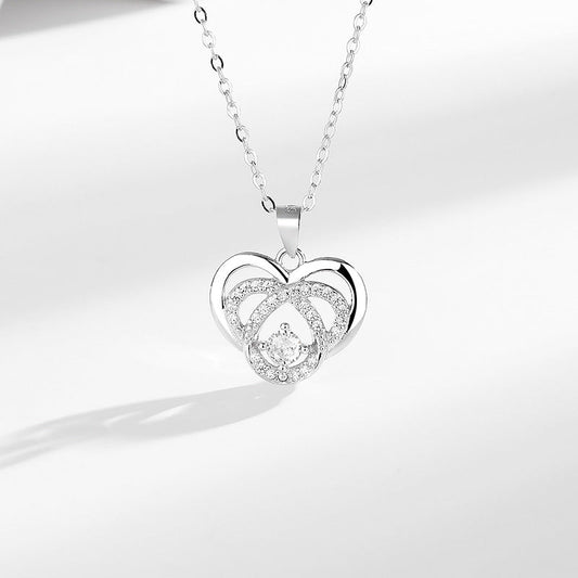 S925 Sterling Silver Necklace with Diamond Double Heart Pendant
