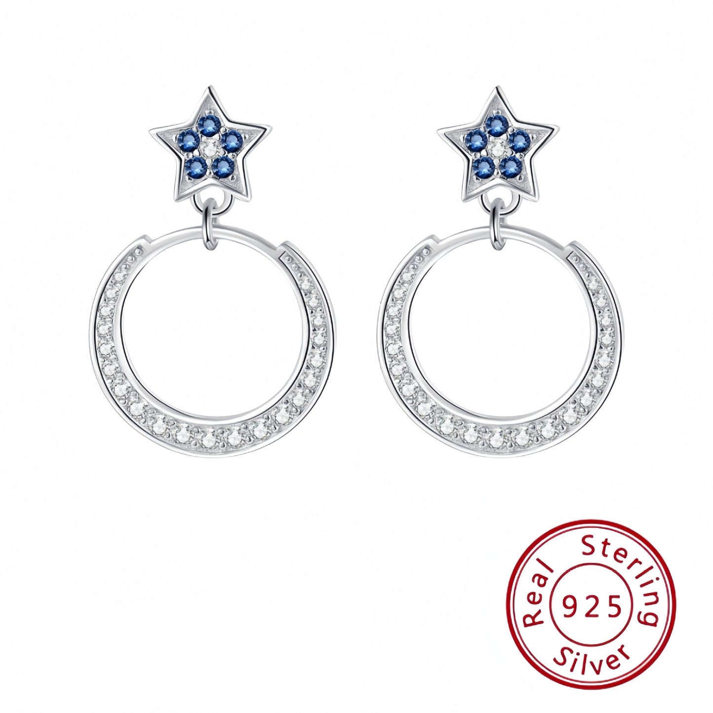 925 Sterling Silver Star Moon Earrings with Diamonds