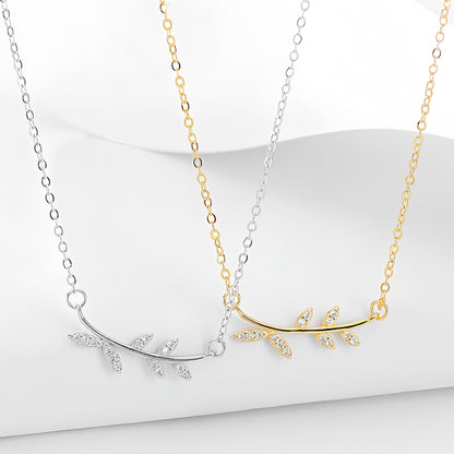 S925 Sterling Silver Leaf Pendant Necklace with Diamonds
