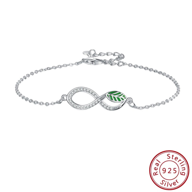 Adjustable Sterling Silver Infinity Bracelet with Leaf Design