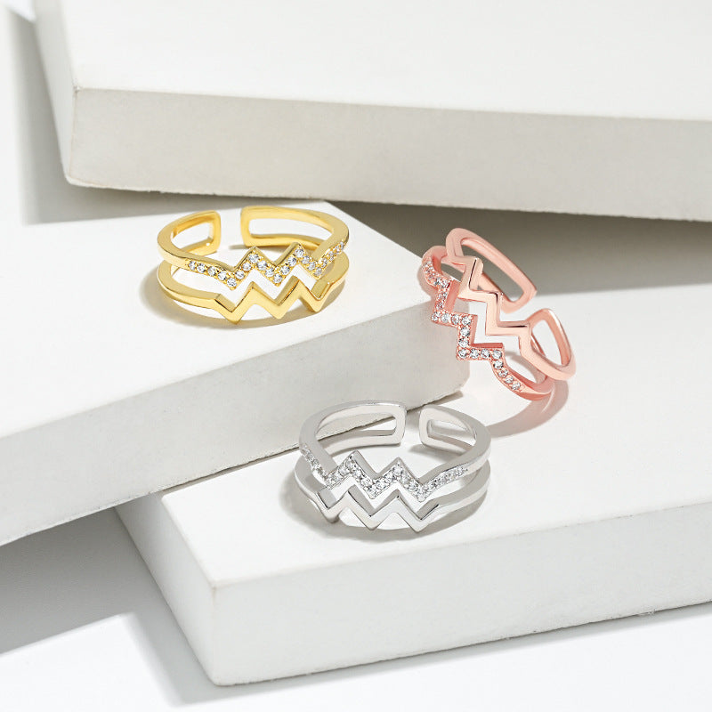 S925 Sterling Silver Lightning Heart Ring - Double Layer Heart Design