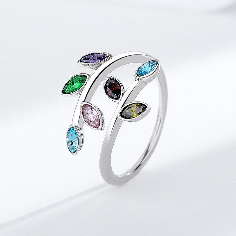 S925 Colorful Sterling Silver Leaf Ring