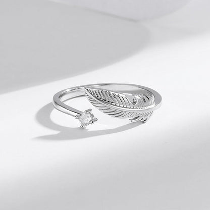 S925 Feather Sterling Silver Ring Open Adjustable