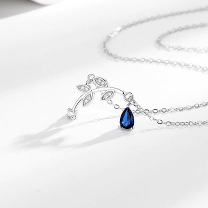 S925 Bud Leaf Diamond Sapphire Pendant Silver Necklace