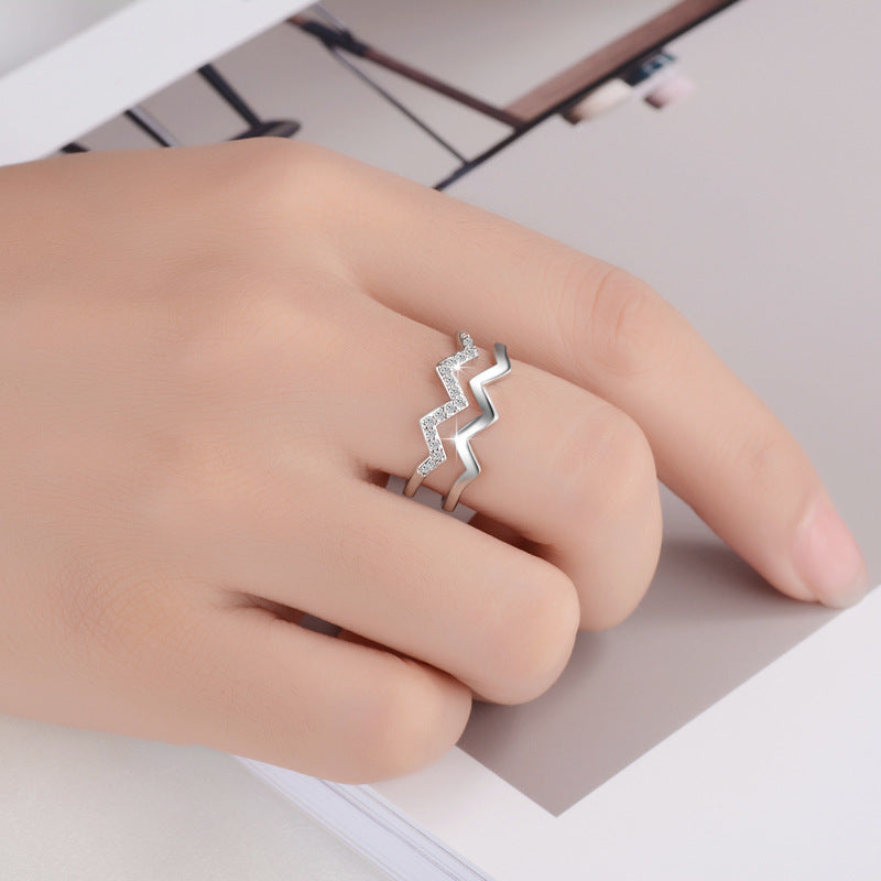 S925 Sterling Silver Lightning Heart Ring - Double Layer Heart Design