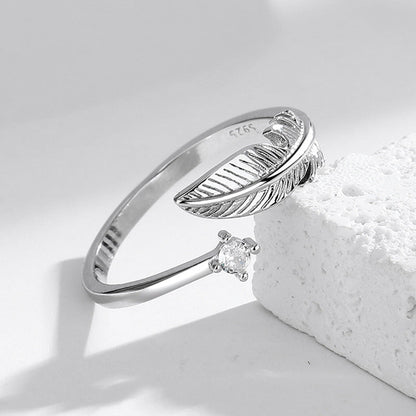 S925 Feather Sterling Silver Ring Open Adjustable