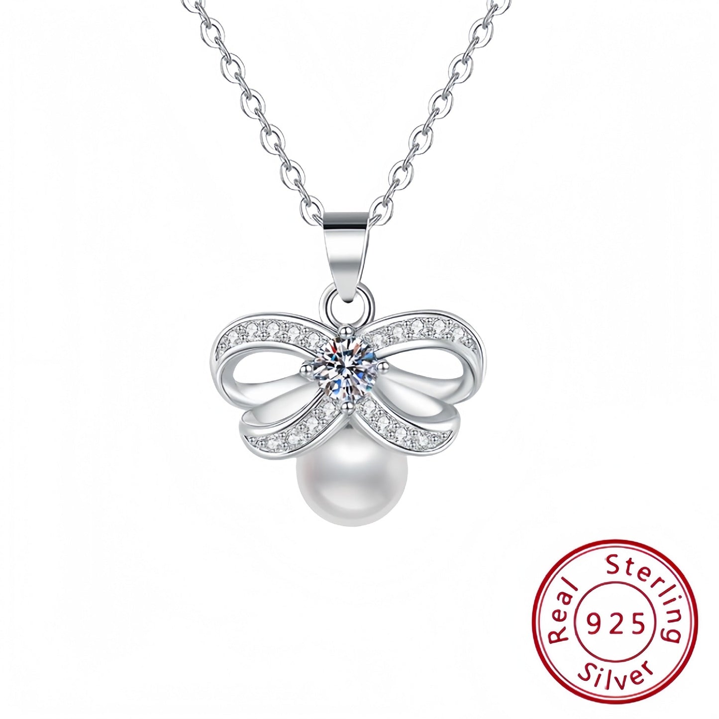 925 Sterling Silver Bow Necklace with Pear