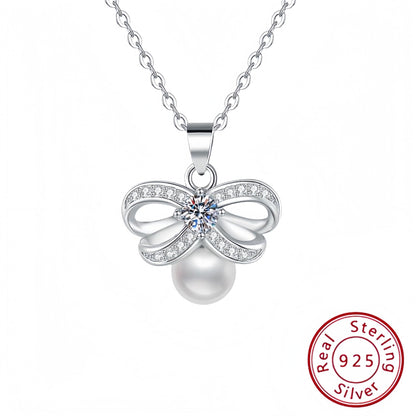 S925 Pearls Diamond Bow Pendant Silver Necklace
