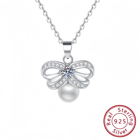 925 Sterling Silver Bow Necklace with Pear