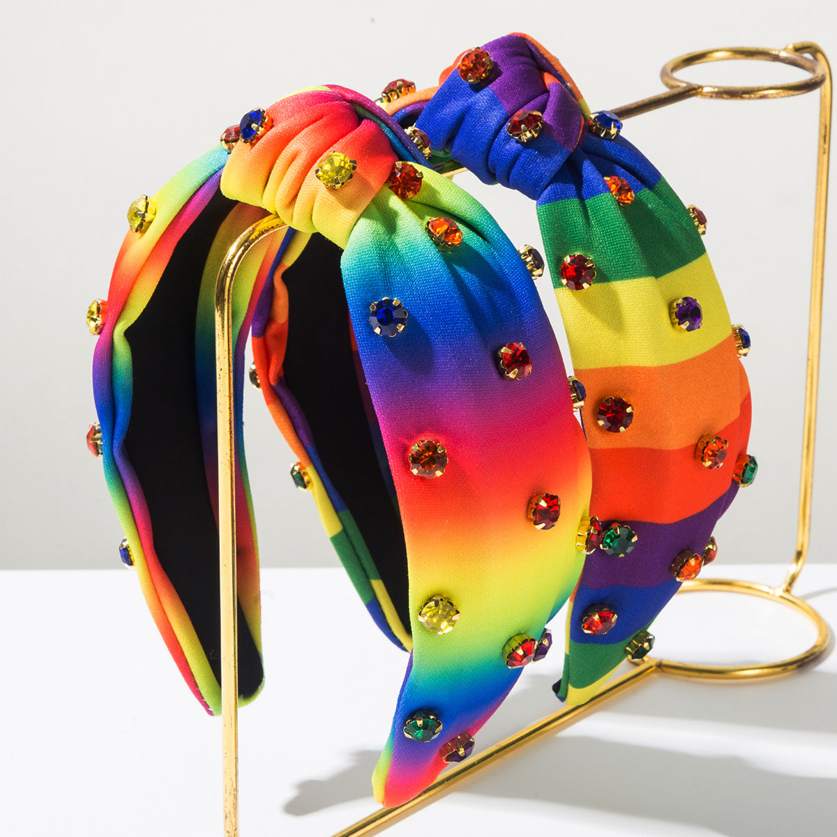 Fashionable Fabric Rhinestone-Encrusted Rainbow Striped Hairband