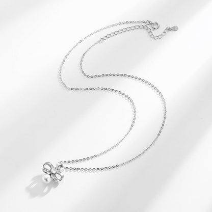 S925 Pearls Diamond Bow Pendant Silver Necklace