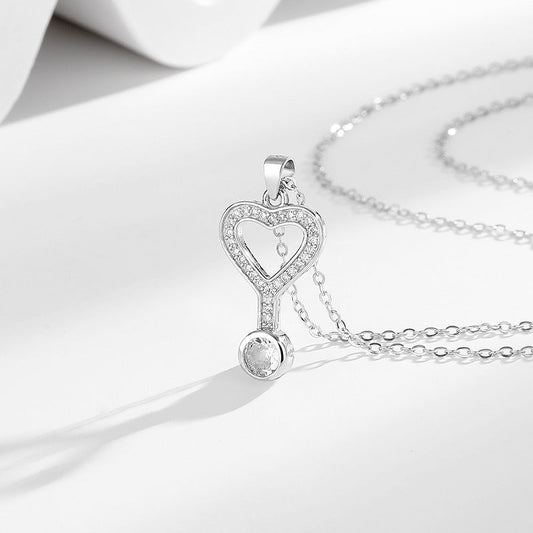S925 Diamond Heart Set Key Pendant Silver Necklace Women's