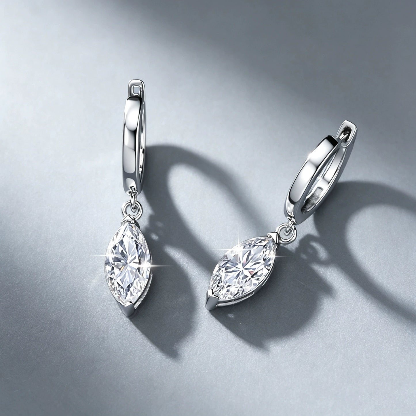 Marquise CZ Drop Huggie Hoop Earrings - Silver