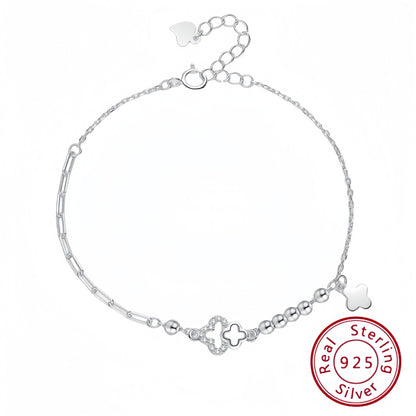 Adjustable 925 sterling silver bead bracelet  four-leaf clover pendant