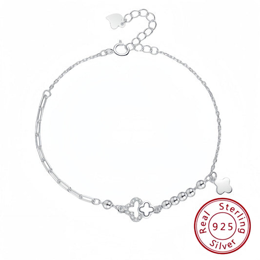 Adjustable 925 sterling silver bead bracelet  four-leaf clover pendant