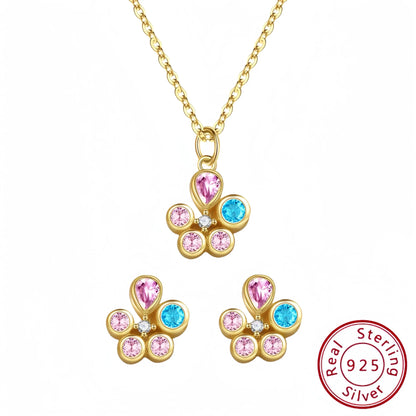 S925 Flower of Happiness Silver Earrings Pendant Necklace Flower Jewelry Set