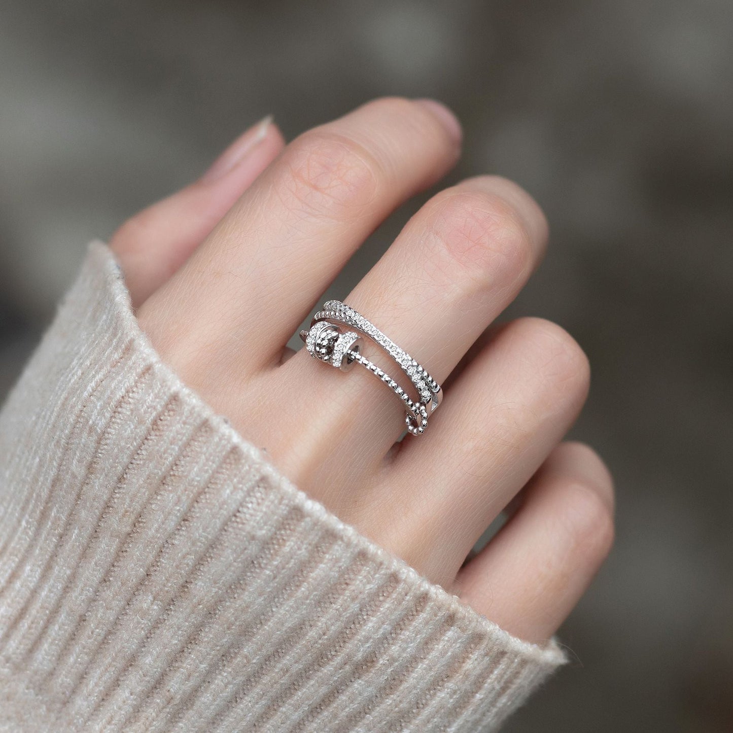 S925 Sterling Silver Crossover Ring - Multi-Layer Diamond-Set