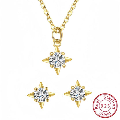 Sterling Silver Diamond Star Earrings Set - Necklace