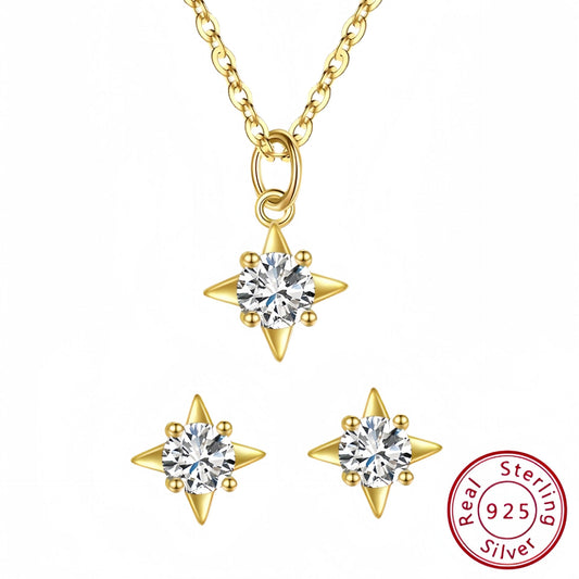 Sterling Silver Diamond Star Earrings Set - Necklace