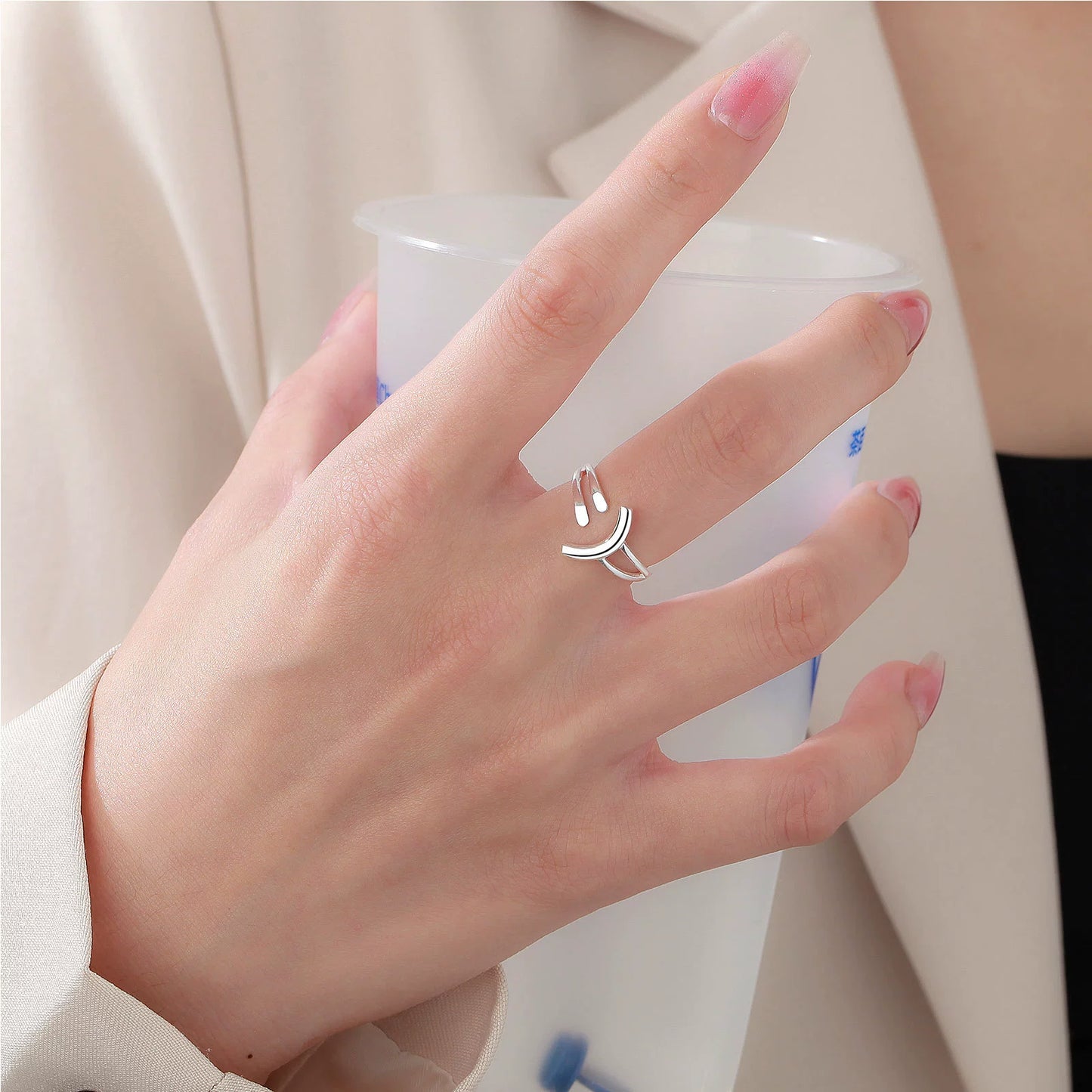 Smiley Face Open Adjustable Silver Ring