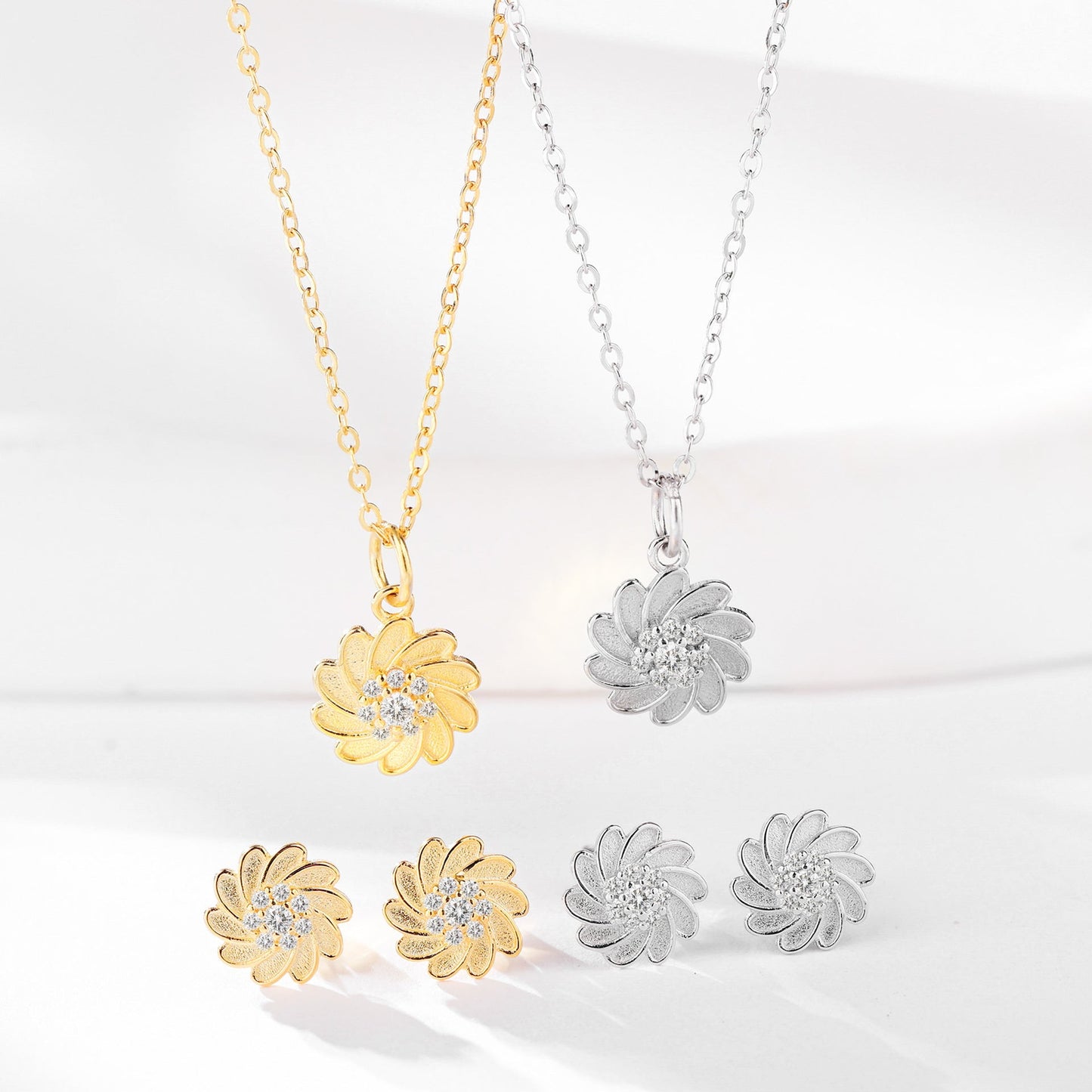 Sterling Silver Sunflower Necklace Set - with Matching Earrings