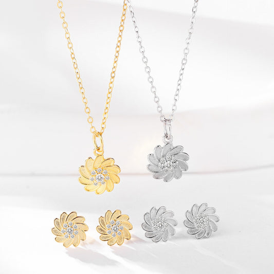 Sterling Silver Sunflower Necklace Set - with Matching Earrings