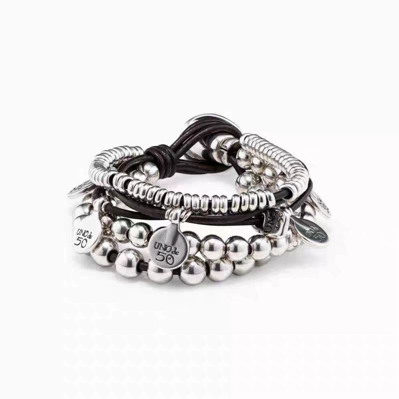 UNOde50 Leather Beaded Charms Pendant Bracelet