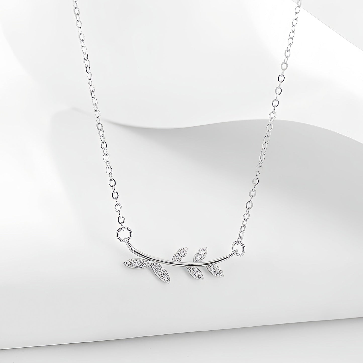 S925 Sterling Silver Leaf Pendant Necklace with Diamonds
