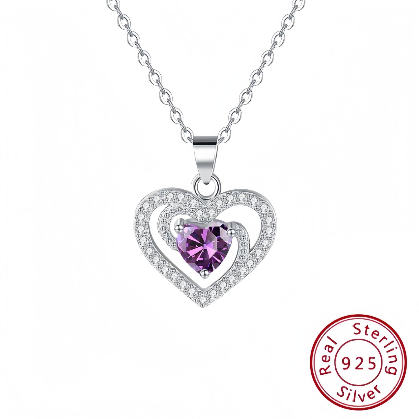 925 Sterling Silver Purple Heart Necklace with Halo Design