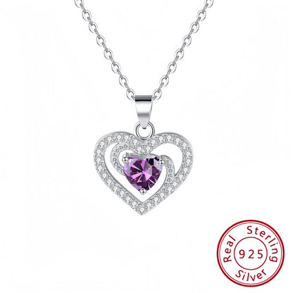 S925 Purple Heart Pendant Silver Necklace with Diamond
