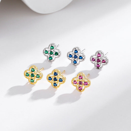 s925 Sterling Silver Four-Leaf Clover Earrings with Colored Diamonds