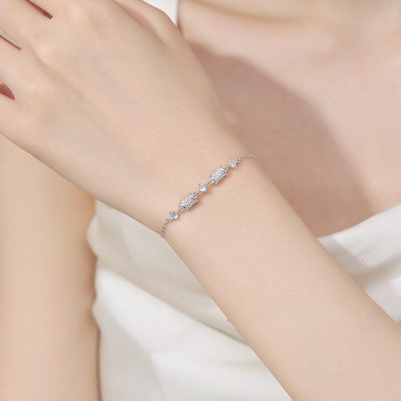 Adjustable Sterling Silver Diamond Bracelet with Peach-Shaped Endpiece