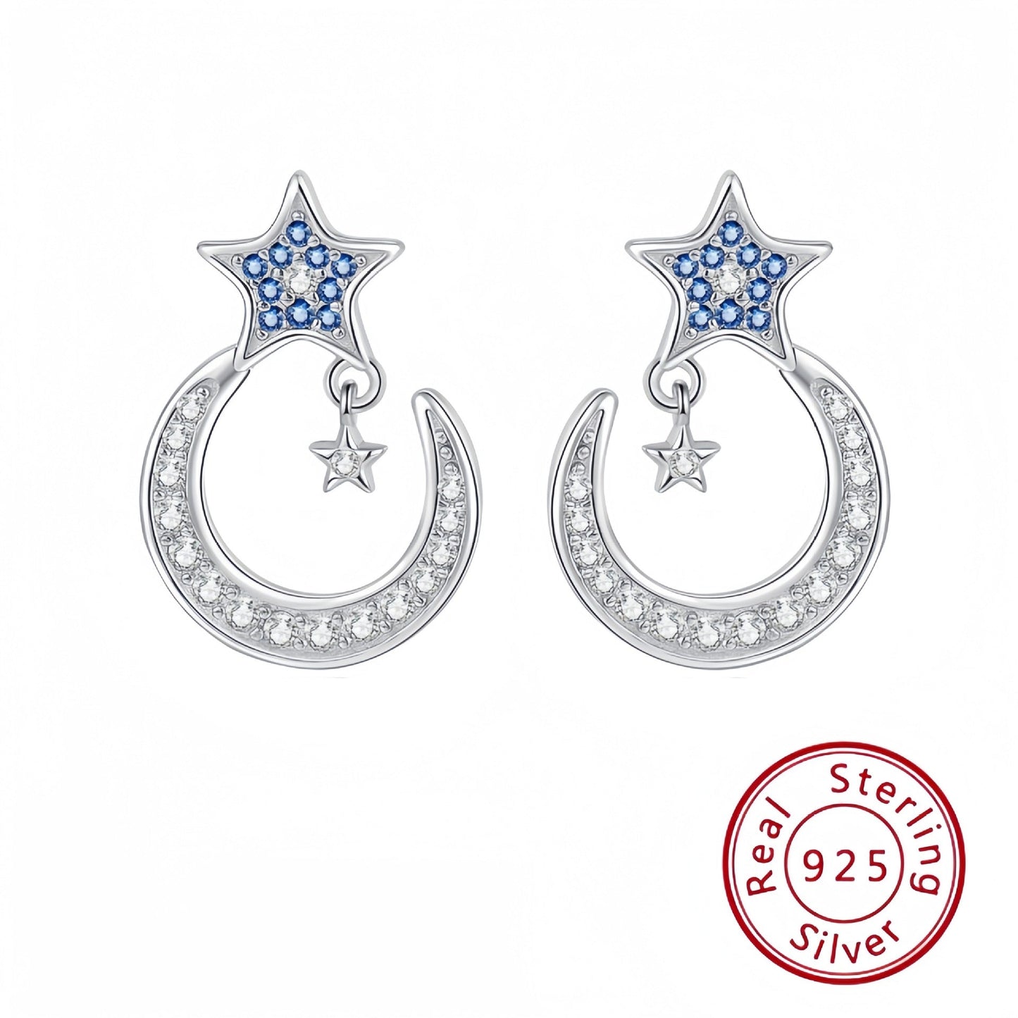 s925 silver star moon diamond earrings