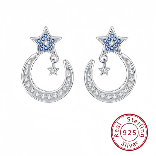 s925 silver star moon diamond earrings
