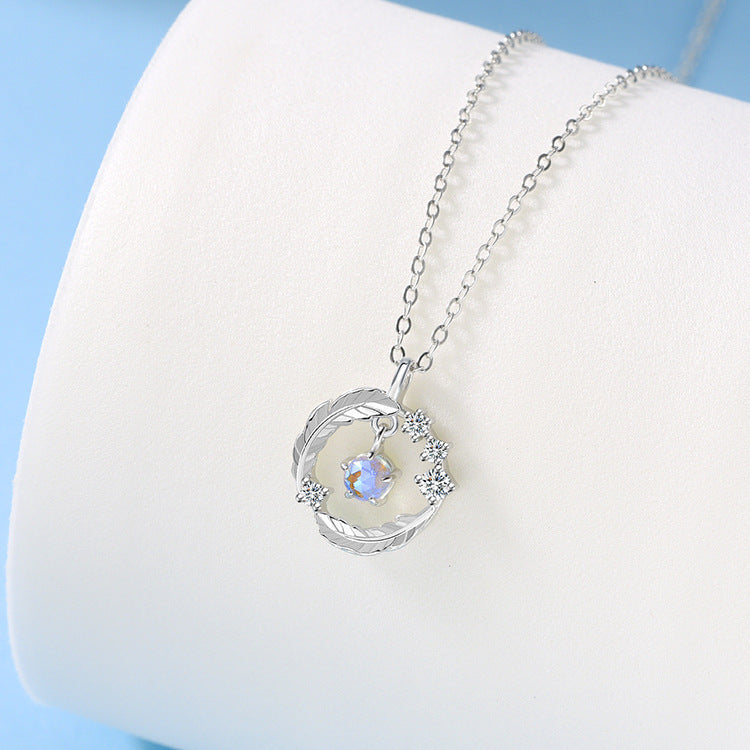 s925 Sterling Silver Moonstone Necklace with Feather Design