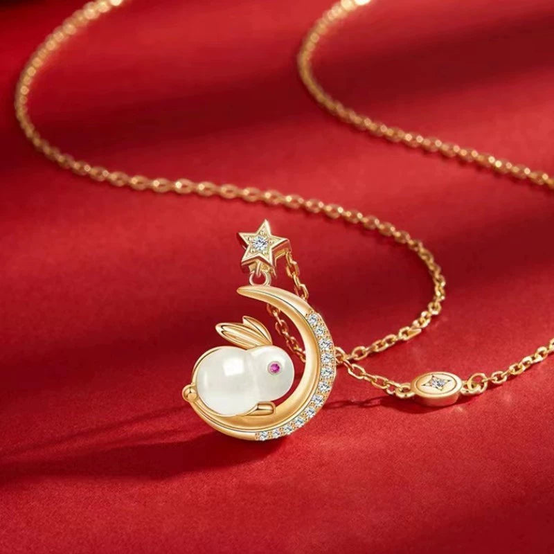 Pearl Bunny Moon & Star Pendant Necklace - Gold