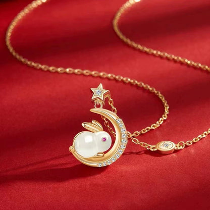 Pearl Bunny Moon & Star Pendant Necklace - Gold