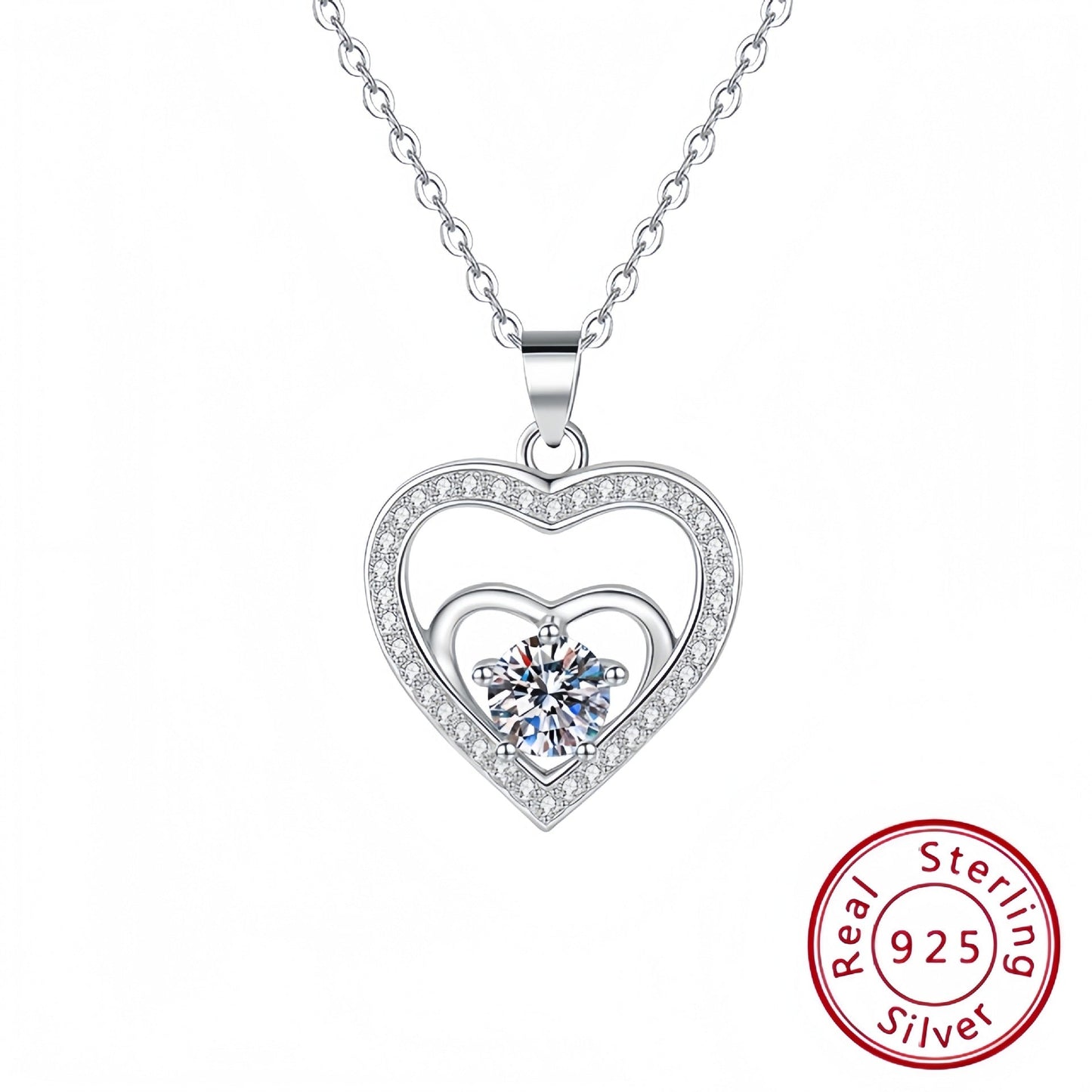 925Sterling Silver Double Heart Necklace for Women
