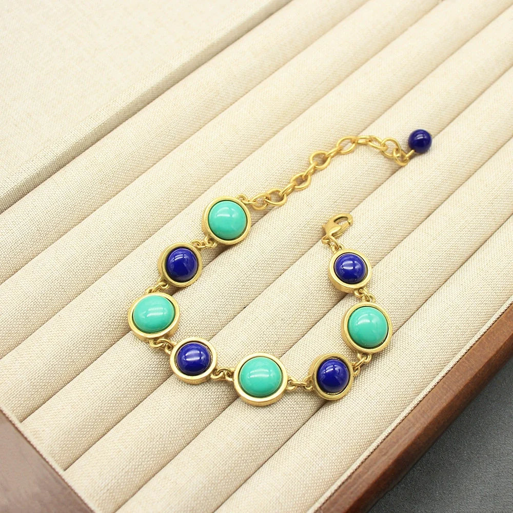 Italian-Style Vintage Blue-Green Stone Bracelet & Necklace Set