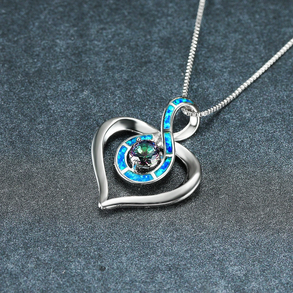 Blue Opal Heart Infinity Pendant Necklace - Silver with Rainbow Mystic Stone