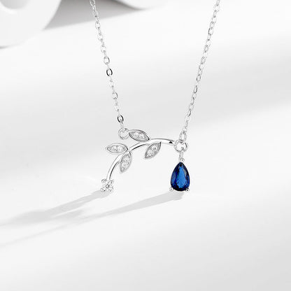 S925 Bud Leaf Diamond Sapphire Pendant Silver Necklace