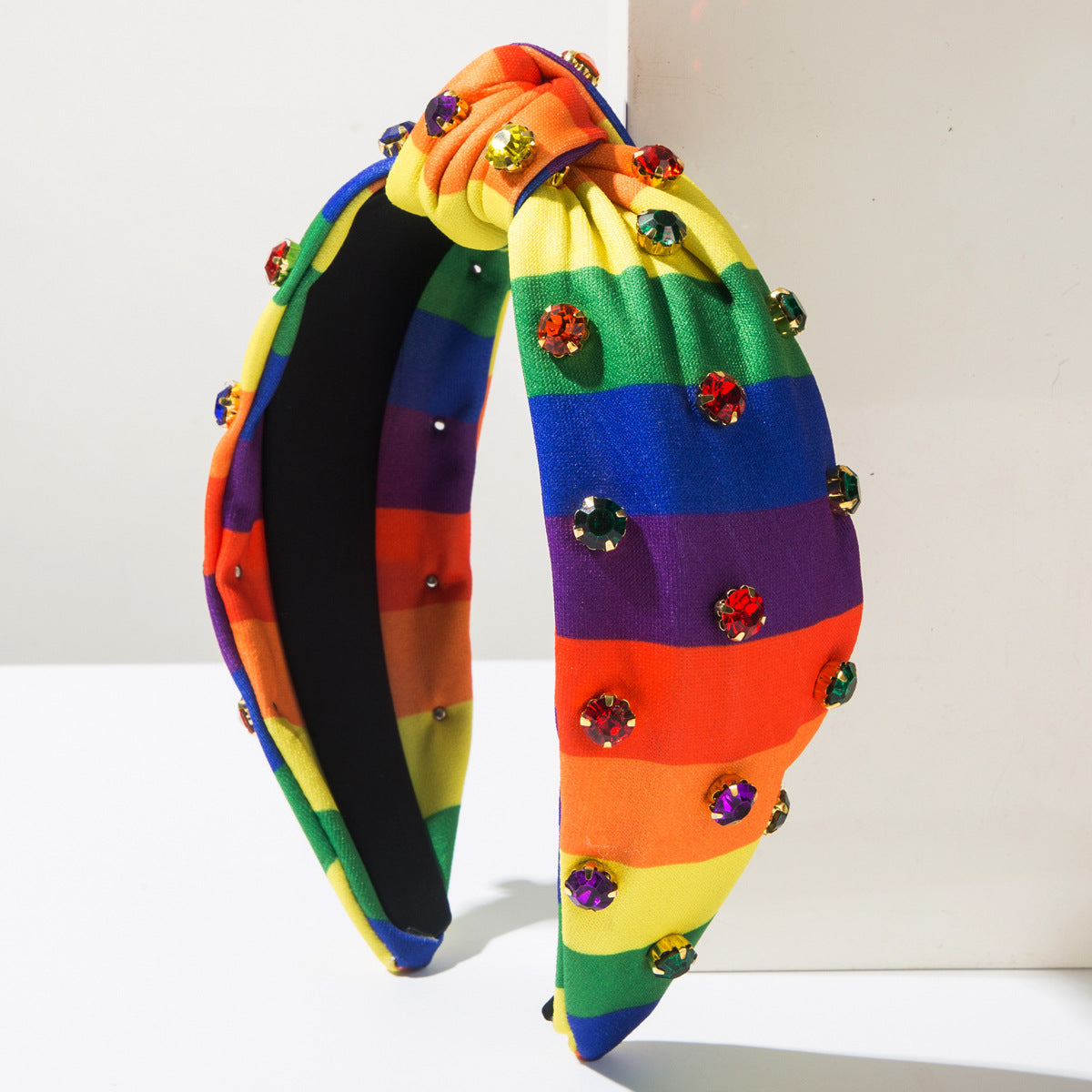 Fashionable Fabric Rhinestone-Encrusted Rainbow Striped Hairband